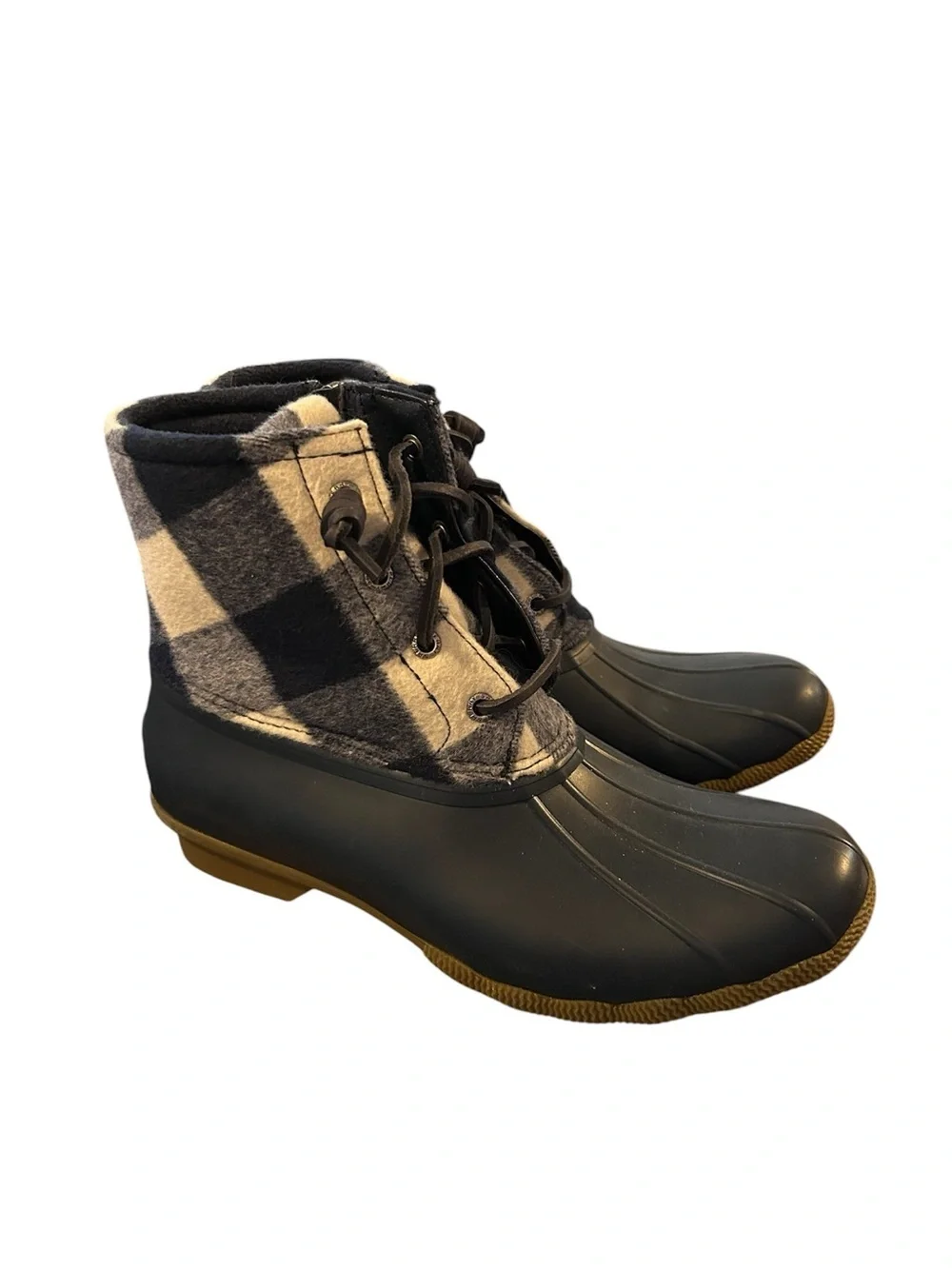 NWOT Sperry Duck Boots with Navy & Cream Plaid Cuff Size 9.5